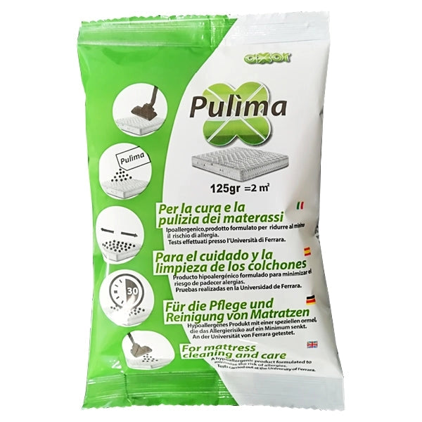 POLVERE DETERGENTE PER MATERASSI PULIMA 125GR per una pulizia profonda e igiene dei materassi, confezione verde e bianca.