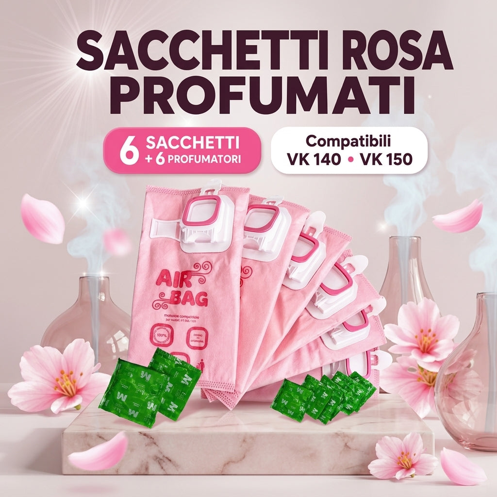 6 Sacchetti per Folletto VK 140 VK 150 Rosa Profumati Con Profumazione Aggiuntiva