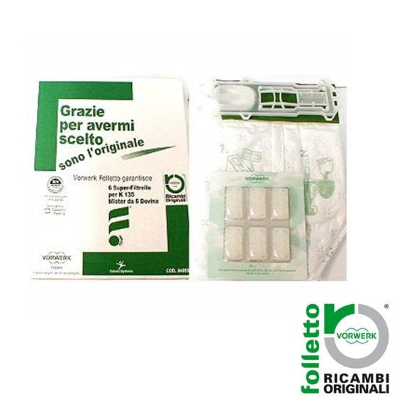 Sacchetti Originali SUPERFILTRELLO VK 135-136 ORIGINALE with high-efficiency filtration for Vorwerk vacuum cleaners.