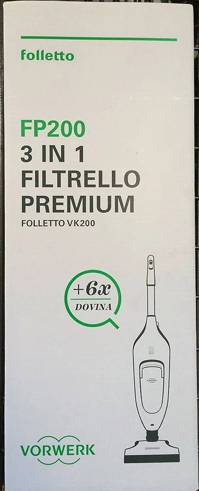 Sacchetti Originali Per Vk 200 Vk 220/220s con Dovina, featuring FP200 3-in-1 Filtrello Premium for optimal cleaning.