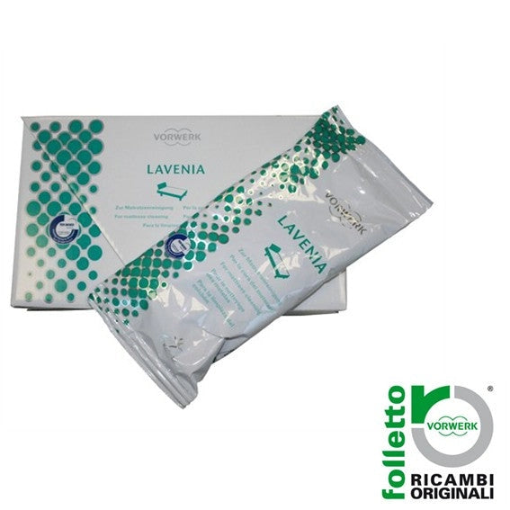 Pulizia materassi per Folletto Lavenia 6pz per 120gr, confezione originale con design verde e bianco, ideale per igiene.
