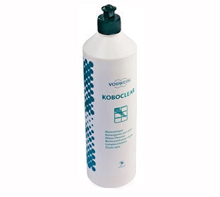 Detergente lavavetri KOBOCLEAR per Folletto, bottiglia bianca con logo verde, efficace per pulizia vetri lucenti.