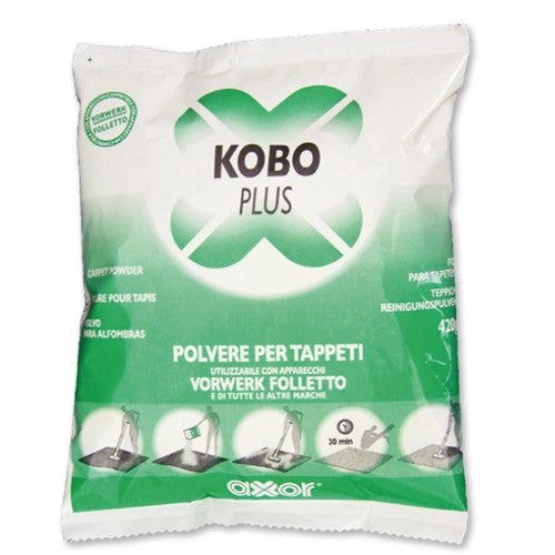 KOBO PLUS Detergente per tappeti e moquetes 420gr, ideale per pulizia profonda e cura di tappeti, confezione verde e bianca.