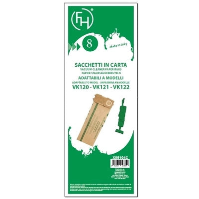 SACCHETTI PER FOLLETTO VORWERK VK120 VK121 VK122, green packaging, 8 paper bags, adaptable, Made in Italy.