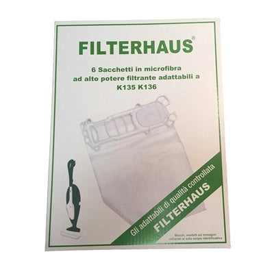 SACCHETTI COMPATIBILI PER FOLLETTO VORWERK VK135 VK136 FILTERHAUS in microfibra, confezione da 6, alta qualità filtrante.